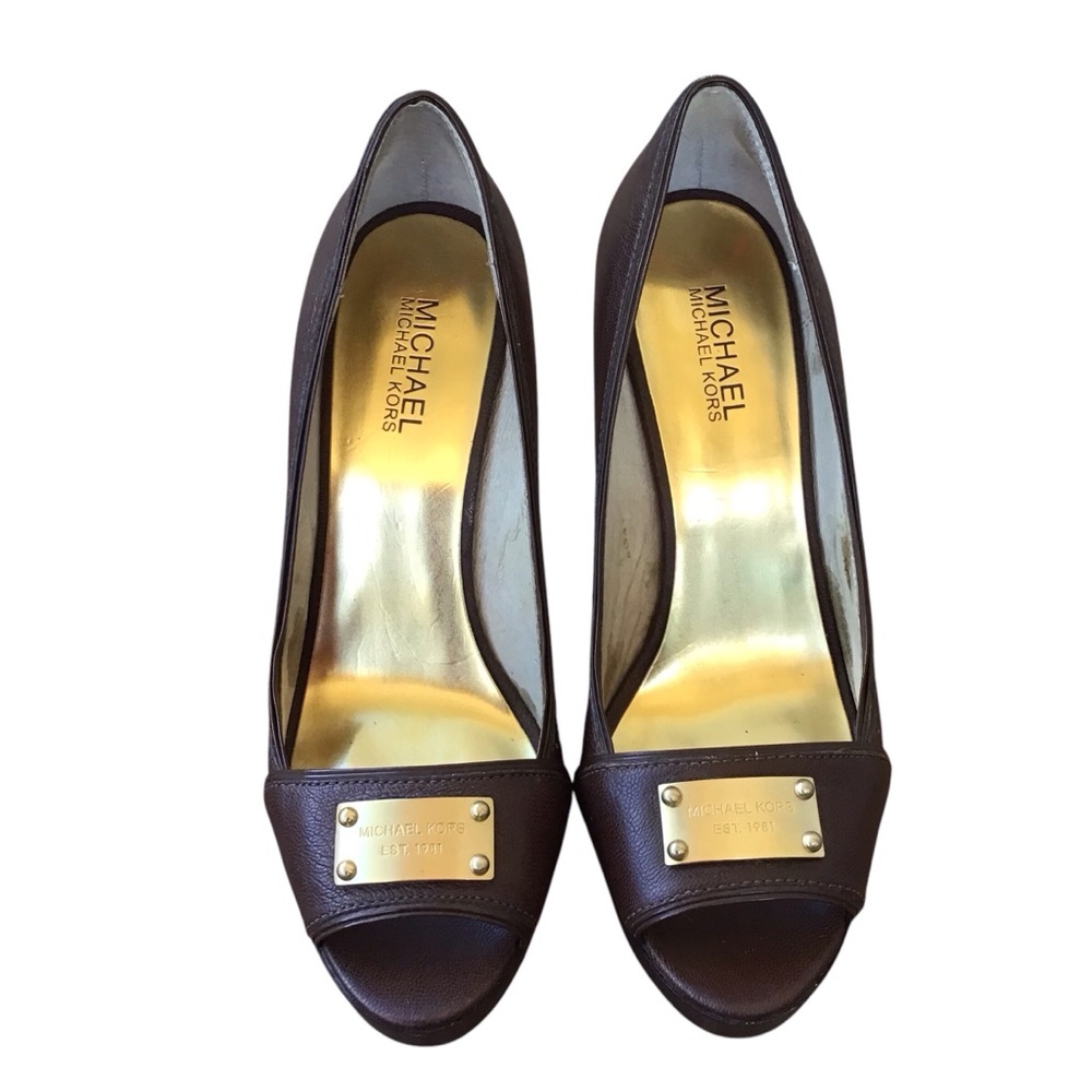 Michael Kors Brown Leather Peep Toe Gold Hardware High Heel Shoes Size 8.5 - Picture 2 of 16
